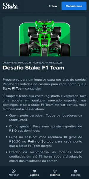 Imagem da página da promoção "Desafio Stake F1 Team" 