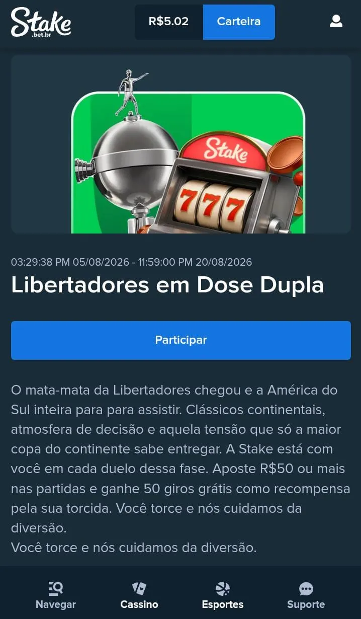 Oferta Libertadores em Dose DUpla na Stake