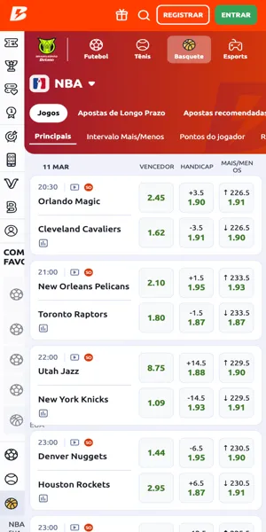 Mercados de vencedor do jogo, handicap e pontos na Betano