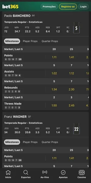 Interface com op&ccedil;&otilde;es de apostas em jogadores na Bet365 e informa&ccedil;&otilde;es estat&iacute;sticas que facilitam a decis&atilde;o do palpite.