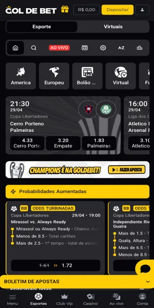Imagem da p&aacute;gina de apostas esportivas da Gol de Bet