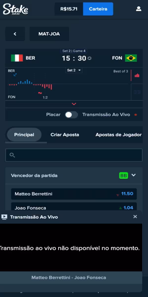 Imagem durante transmiss&atilde;o ao vivo de um jogo de t&ecirc;nis na Stake