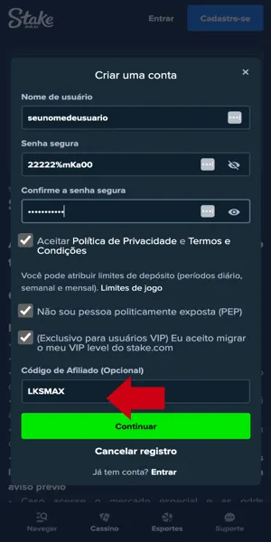 Tela com passo de registro com o c&oacute;digo Stake