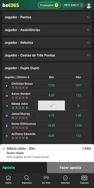 Imagem de um exemplo de odd para o Nikola Jokic marcar um duplo-duplo na partida do Nuggets durante os playoffs 2026 na Bet365