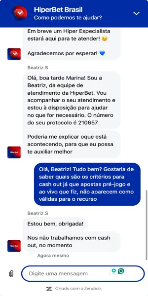 Imagem com uma conversa no chat ao vivo da Hiperbet