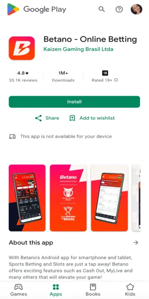 Imagem do Betano app dispon&iacute;vel na Play Store para baixar