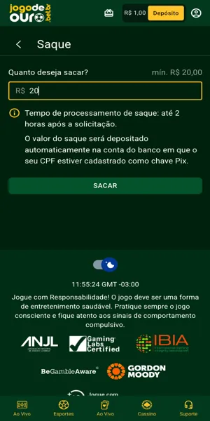 Imagem da tela com processo de saque na Jogo de Ouro
