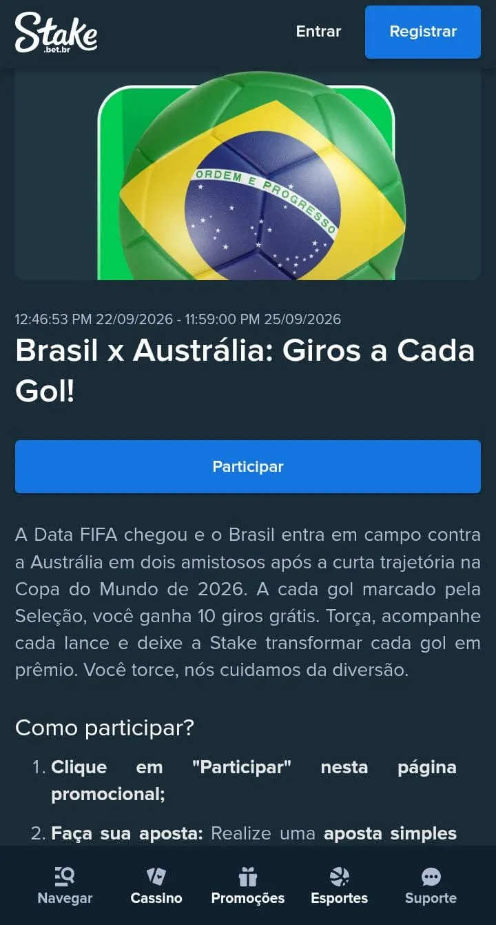 Oferta Brasil x Austr&aacute;lia: Giros a Cada Gol na Stake