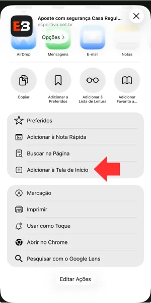 Imagem com a op&ccedil;&atilde;o de adicionar o site da Esportiva Bet na tela principal do iPhone