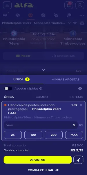 Imagem de um bilhete de aposta em um jogo da NBA dispon&iacute;vel na Alfabet Brasil