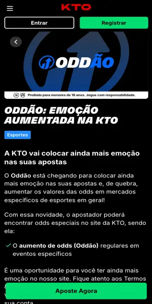 Imagem da p&aacute;gina da promo&ccedil;&atilde;o Odd&atilde;o KTO, tenha suas cota&ccedil;&otilde;es de apostas aumentadas todos os dias.