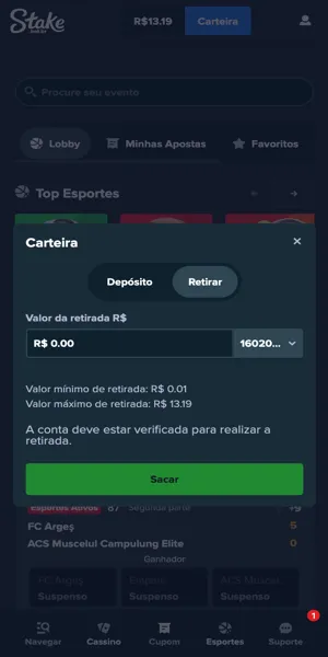 Imagem com o in&iacute;cio do processo de saque na Stake