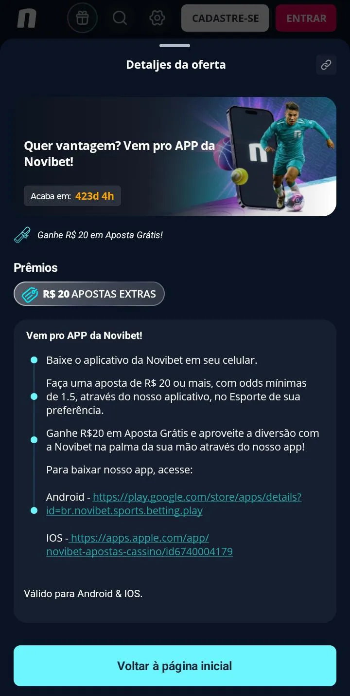 Promo&ccedil;&atilde;o R$20 em apostas extras da Novibet no app
