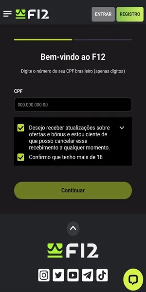 Imagem do in&iacute;cio do processo de cadastro na F12 bet 