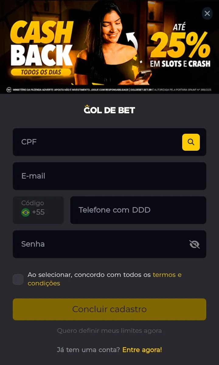 Cupom de cadastro da Gol de Bet
