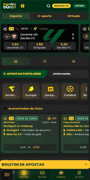 Imagem da p&aacute;gina inicial da Jogo de Ouro com op&ccedil;&otilde;es de apostas esportivas