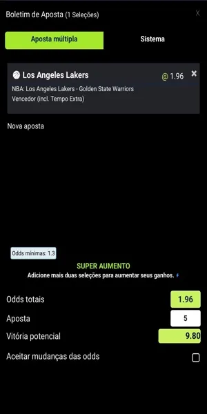 Imagem do bilhete de apostas com um palpite em um jogo da NBA