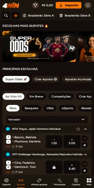 Imagem com op&ccedil;&otilde;es de apostas esportivas e ofertas de odds na 4Win