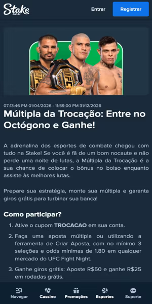 Imagem da p&aacute;gina da promo&ccedil;&atilde;o da m&uacute;ltipla nas apostas do UFC na Stake
