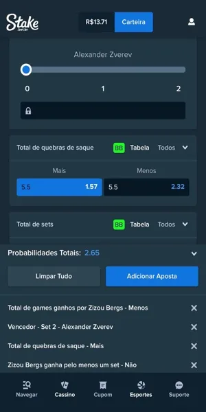 Imagem do bilhete de aposta com combina&ccedil;&otilde;es feitas com o recurso criar aposta na Stake durante a partida