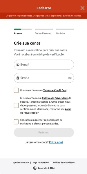 Imagem do processo de abertura de conta sem c&oacute;digo promocional Betboo