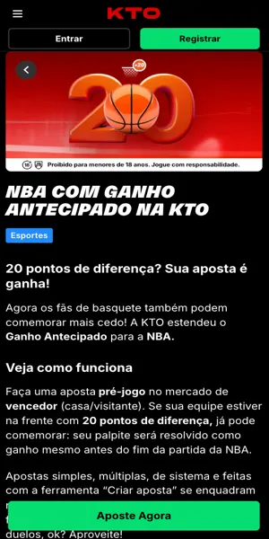 Imagem da página da promoção "Ganho Antecipado NBA" na KTO