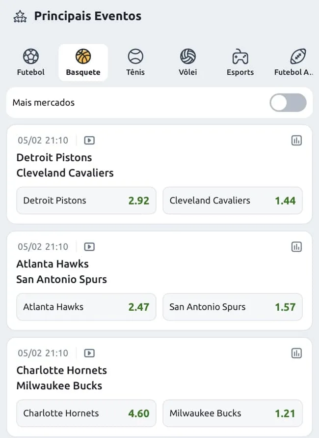 Tela exibindo op&ccedil;&otilde;es de jogos da NBA dispon&iacute;veis para apostar e utilizar a fun&ccedil;&atilde;o criar aposta na Betano.