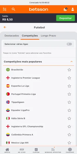 Imagem da se&ccedil;&atilde;o de futebol nas apostas esportivas da Betsson com op&ccedil;&otilde;es de campeonatos