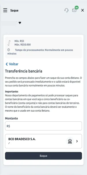 Tela com processo de saque via transferência bancária na Betano
