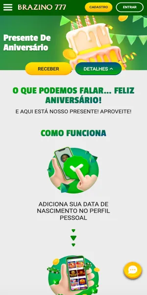p&aacute;gina com a promo&ccedil;&atilde;o Presente de Anivers&aacute;rio na Brazino777