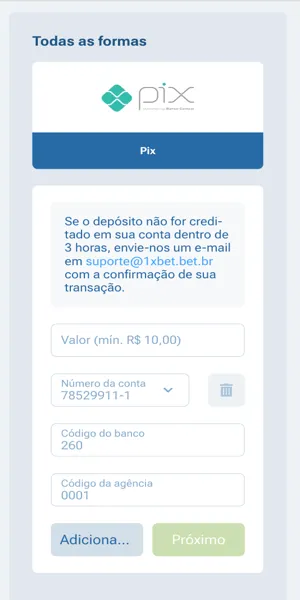Imagem do processo de dep&oacute;sito na 1xBet