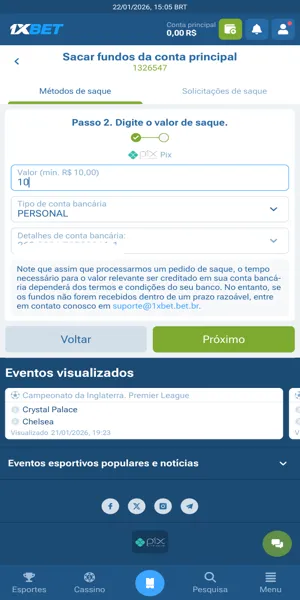 Imagem do processo de saque no 1xBet app