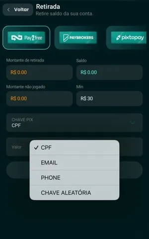 Tela do processo de saque na Bet&atilde;o