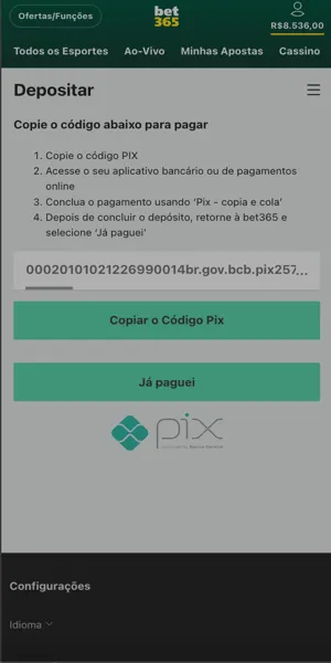 P&aacute;gina de dep&oacute;sito via Pix da Bet365