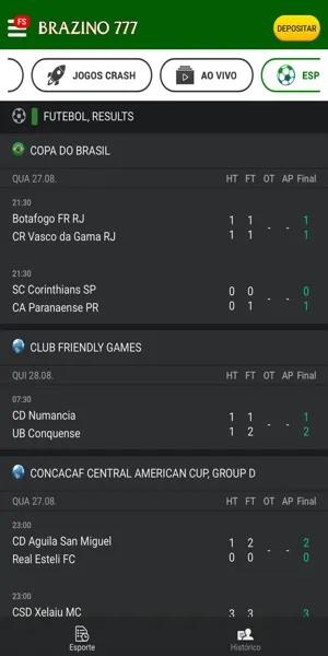 Tela com imagem da opção "Resultados" no app da Brazino777