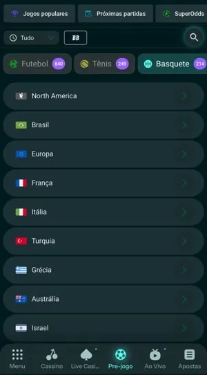 tela com menu de op&ccedil;&otilde;es de apostas esportivas