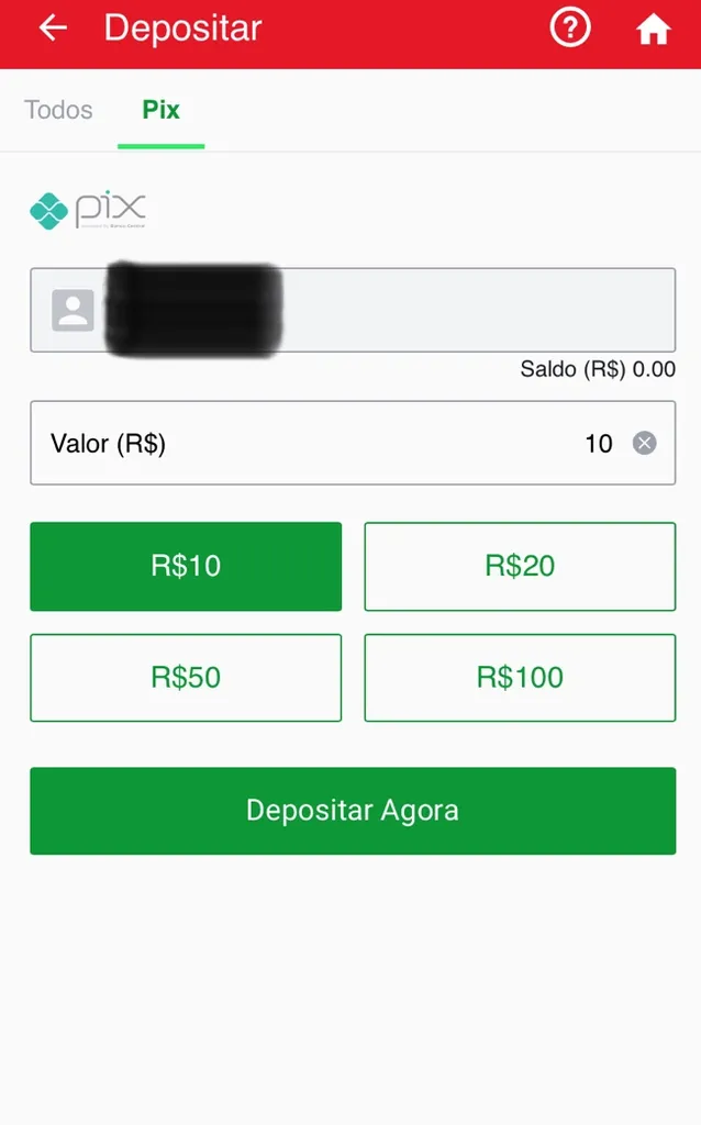 tela para fazer dep&oacute;sito via Pix na Sportybet