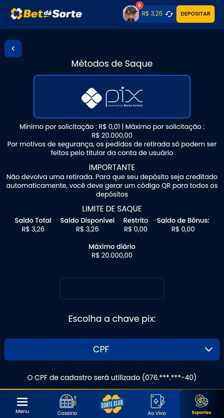 P&aacute;gina de solicita&ccedil;&atilde;o de saque via Pix na Bet d&aacute; Sorte