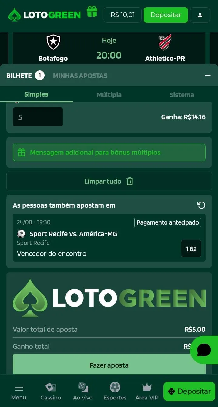 Cupom de apostas no jogo Botafogo e Athletico na Lotogreen
