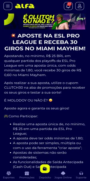 Imagem da página da promoção para ganhar giros grátis no slot Miami Mayhem apostando em eSports