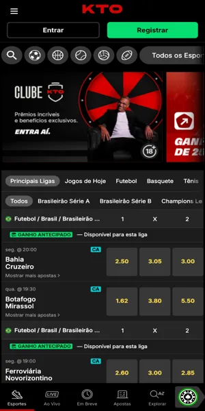 Tela inicial da KTO com opções de bolão, apostas com ganhos antecipados e odds com bônus acumulador