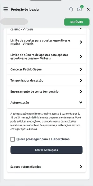 Imagem da p&aacute;gina com op&ccedil;&atilde;o de autoexclus&atilde;o na Betano