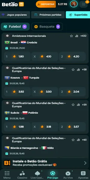 Imagem com a lista de jogos com SuperOdds dispon&iacute;veis