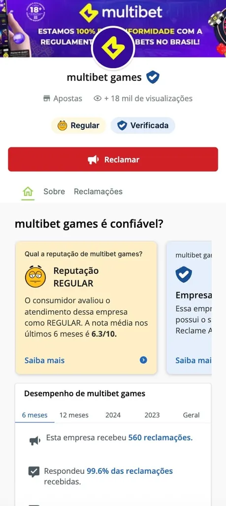 tela inicial da página oficial da Multibet no Reclame Aqui.