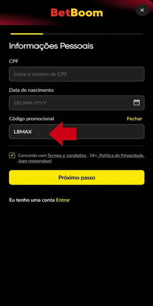 Como inserir c&oacute;digo promocional Betboom LBMAX no cadastro