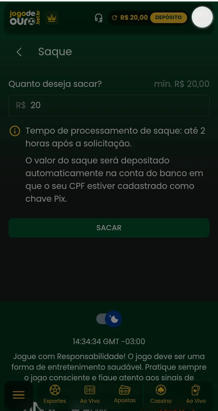 Formul&aacute;rio de saque da Jogo de Ouro