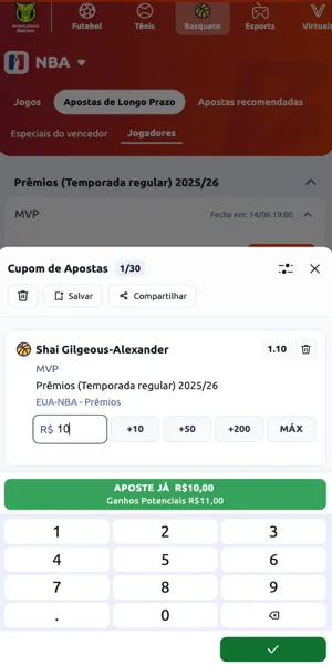 Imagem com um exemplo de aposta no MVP da temporada da NBA na Betano