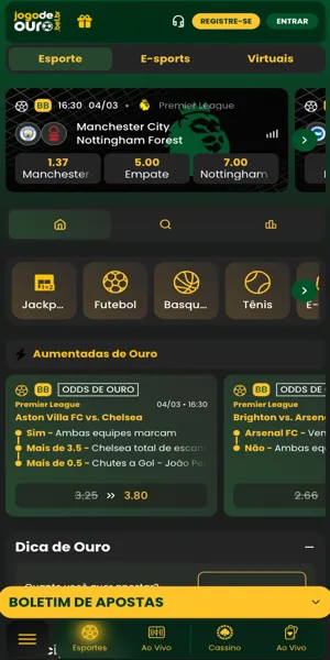 P&aacute;gina inicial de esportes da Jogo de Ouro
