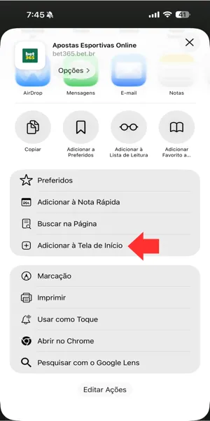 Imagem de como adicionar a versão mobile da Bet365 como atalho no iPhone
