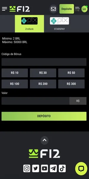Imagem do processo de dep&oacute;sito via Pix na F12 Bet 